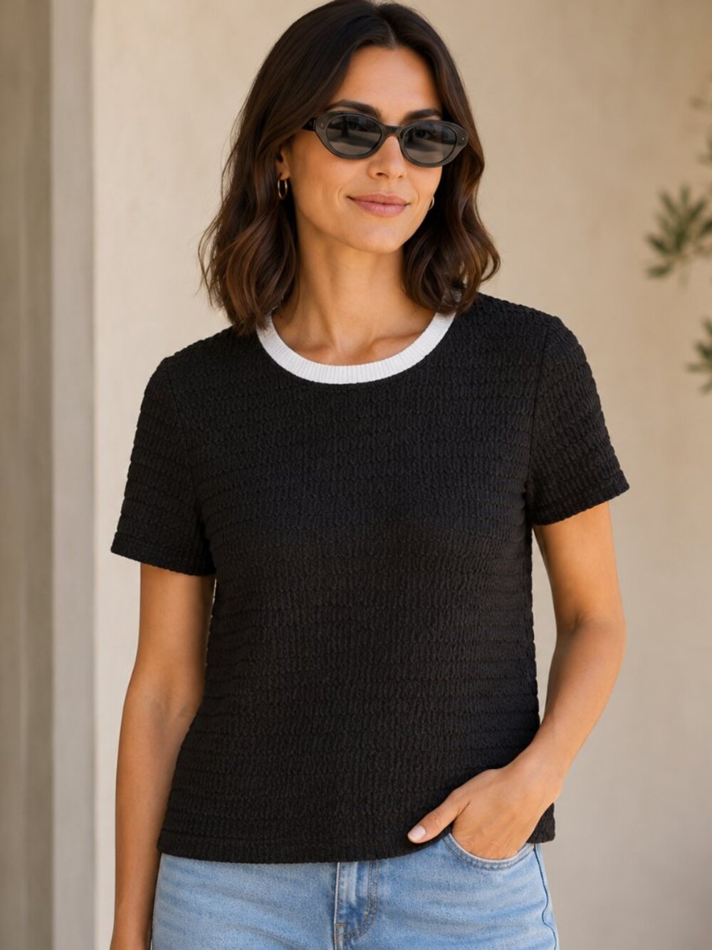 Zara Black Textured Knit Top | Large | Contrast Trim | Minimalist Chic